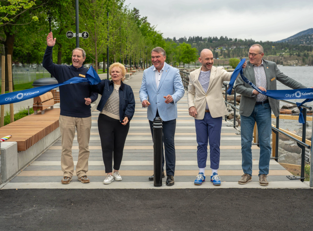 Kelowna mayor and councillors at the May 15, 2026 City Park pathway ribbon-cutting — Mayor and councillors at the City Park pathway reopening on May 15, 2026. This earlier completed phase is distinct from the work continuing this fall. Photo: City of Kelowna.